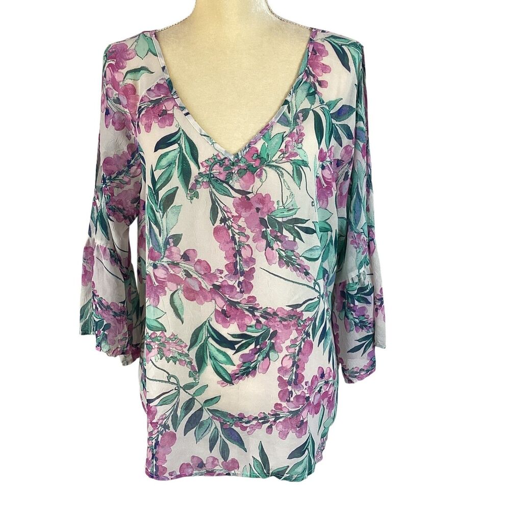 Sara Michelle Womens XL Floral V-Neck Cold Shoulder Bell Sleeve Blouse Top